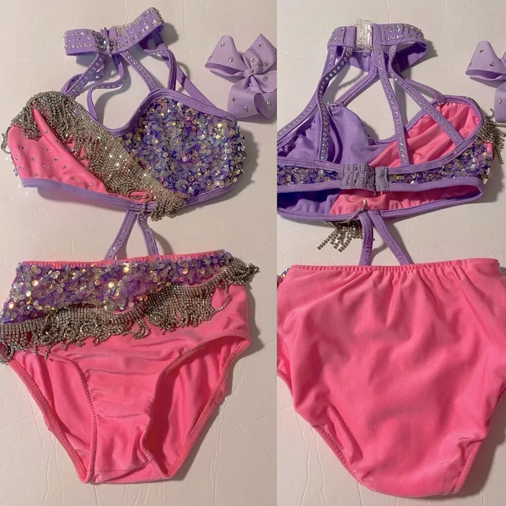Glamour solo sassy dance costume purple pink embellished rhinestone fringe LC